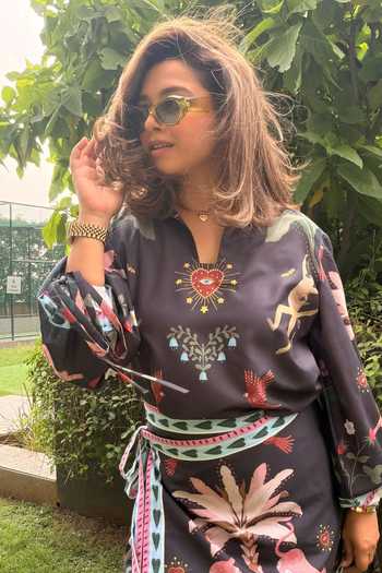 Buy_SONAM PARMAR JHAWAR_Black Cotton Split V-neck Monkey Print Top And Skirt Set _Online_at_Aza_Fashions