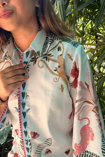 SONAM PARMAR JHAWAR_White Cotton Collared Neck Monkey Print Shirt And Pant Set _Online_at_Aza_Fashions