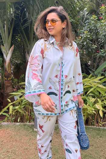 Buy_SONAM PARMAR JHAWAR_White Cotton Collared Neck Monkey Print Shirt And Pant Set _Online_at_Aza_Fashions