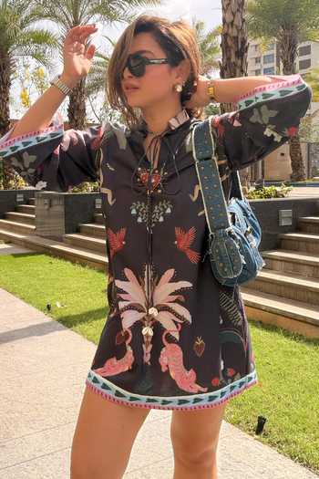 SONAM PARMAR JHAWAR Black Cotton Mandarin Collar Monkey Print Dress Online at Aza Fashions SONAM PARMAR JHAWAR_Black Cotton Mandarin Collar Monkey Print Dress _Online_at_Aza_Fashions