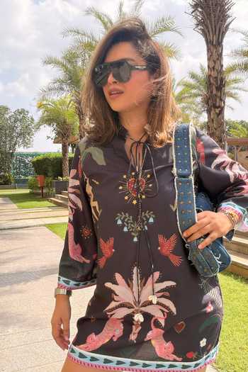 Buy SONAM PARMAR JHAWAR Black Cotton Mandarin Collar Monkey Print Dress Online at Aza Fashions Buy_SONAM PARMAR JHAWAR_Black Cotton Mandarin Collar Monkey Print Dress _Online_at_Aza_Fashions