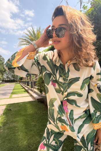 SONAM PARMAR JHAWAR Beige Cotton Collared Neck Tropical Print Shirt And Pant Set Online at Aza Fashions SONAM PARMAR JHAWAR_Beige Cotton Collared Neck Tropical Print Shirt And Pant Set _Online_at_Aza_Fashions