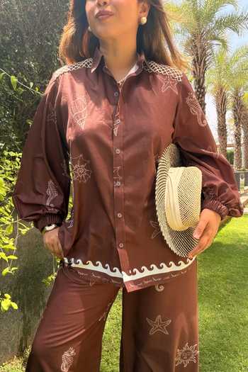 SONAM PARMAR JHAWAR Brown Cotton Collared Neck Starfish Print Shirt And Pant Set Online at Aza Fashions SONAM PARMAR JHAWAR_Brown Cotton Collared Neck Starfish Print Shirt And Pant Set _Online_at_Aza_Fashions