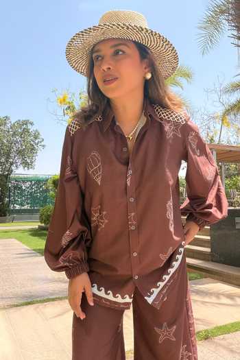 Shop SONAM PARMAR JHAWAR Brown Cotton Collared Neck Starfish Print Shirt And Pant Set Online at Aza Fashions Shop_SONAM PARMAR JHAWAR_Brown Cotton Collared Neck Starfish Print Shirt And Pant Set _Online_at_Aza_Fashions