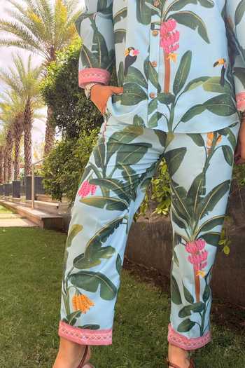 SONAM PARMAR JHAWAR Blue Cotton Banana Print Shirt And Pant Set Online at Aza Fashions SONAM PARMAR JHAWAR_Blue Cotton Banana Print Shirt And Pant Set _Online_at_Aza_Fashions
