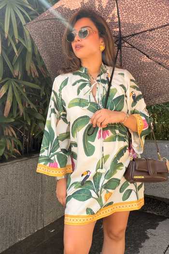 SONAM PARMAR JHAWAR Beige Cotton Keyhole Neck Banana Tropical Print Dress Online at Aza Fashions SONAM PARMAR JHAWAR_Beige Cotton Keyhole Neck Banana Tropical Print Dress _Online_at_Aza_Fashions