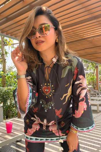 Shop SONAM PARMAR JHAWAR Black Cotton Mandarin Collar, Yes Floral Print Kurta And Pant Set Online at Aza Fashions Shop_SONAM PARMAR JHAWAR_Black Cotton Mandarin Collar, Yes Floral Print Kurta And Pant Set _Online_at_Aza_Fashions