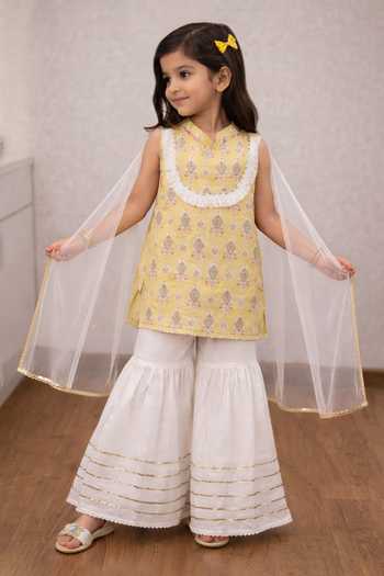Pankhuri By Priyanka Yellow Block Print Cotton Kurta Set 