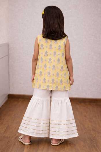 Pankhuri By Priyanka Yellow Block Print Cotton Kurta Set 