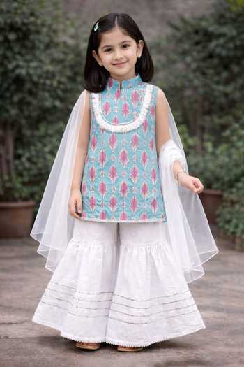Pankhuri By Priyanka Printed Cotton Kurta Layered Sharara Set 