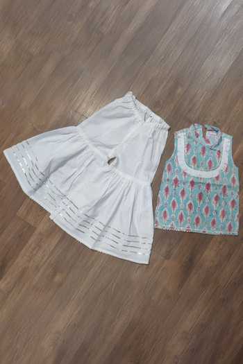 Pankhuri By Priyanka_Green Cotton, Net Printed Kurta Layered Sharara Set _Online_at_Aza_Fashions