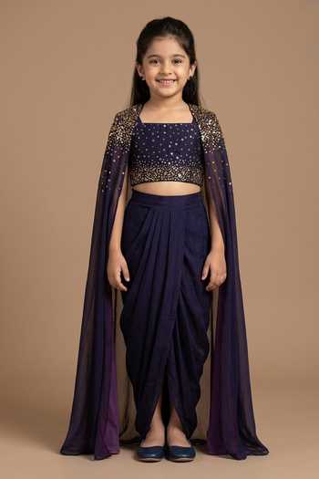 Rirasa Galactic Bead & Sequin Embroidered Cape & Draped Skirt Set For Kids