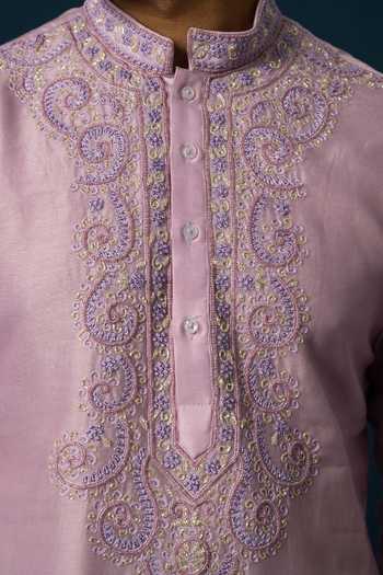 Buy YOSEBA Purple Chanderi Silk, Cotton Embroidery Lavender Kurta Set For Kids Online at Aza Fashions Buy_YOSEBA_Purple Chanderi Silk, Cotton Embroidery Lavender Kurta Set For Kids_Online_at_Aza_Fashions