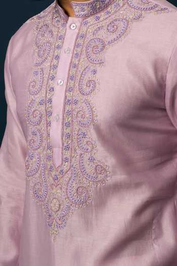Shop YOSEBA Purple Chanderi Silk, Cotton Embroidery Lavender Kurta Set For Kids Online at Aza Fashions Shop_YOSEBA_Purple Chanderi Silk, Cotton Embroidery Lavender Kurta Set For Kids_Online_at_Aza_Fashions
