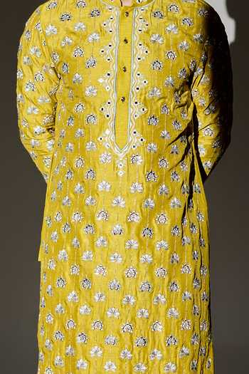 Chatenya Mittal Yellow Silk Mirrors Padma Embroidered Kurta For Kids Online at Aza Fashions Chatenya Mittal_Yellow Silk Mirrors Padma Embroidered Kurta For Kids_Online_at_Aza_Fashions