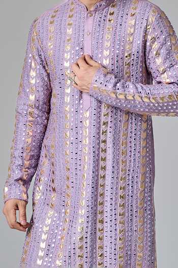 Chatenya Mittal_Purple , Satin Mirrors And Leather Patch Embroidered Kurta For Kids_Online_at_Aza_Fashions