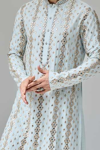 Chatenya Mittal Blue Silk Mirrors, Zari And Embroidered Kurta For Kids Online at Aza Fashions Chatenya Mittal_Blue Silk Mirrors, Zari And Embroidered Kurta For Kids_Online_at_Aza_Fashions