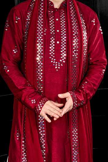 Chatenya Mittal Red Silk Mirrors Embroidered Kurta Salwar Set For Kids Online at Aza Fashions Chatenya Mittal_Red Silk Mirrors Embroidered Kurta Salwar Set For Kids_Online_at_Aza_Fashions