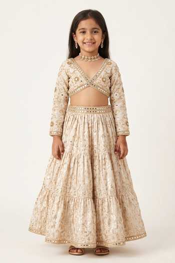 Neha Khullar Embroidered Ivory Chanderi Lehenga Set For Kids