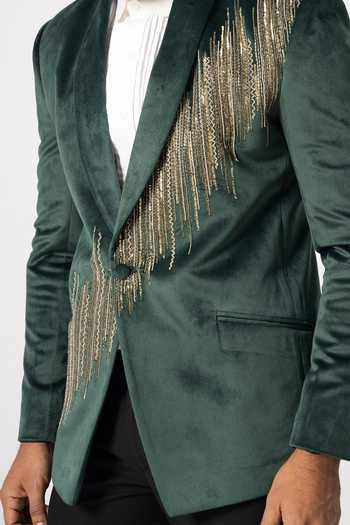 Buy YOSEBA Green Velvet, Terrycloth Cut Work, Sequins Embroidered Blazer And Trouser Set For Kids Online at Aza Fashions Buy_YOSEBA_Green Velvet, Terrycloth Cut Work, Sequins Embroidered Blazer And Trouser Set For Kids_Online_at_Aza_Fashions