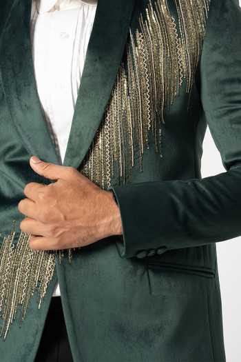 YOSEBA Green Velvet, Terrycloth Cut Work, Sequins Embroidered Blazer And Trouser Set For Kids Online at Aza Fashions YOSEBA_Green Velvet, Terrycloth Cut Work, Sequins Embroidered Blazer And Trouser Set For Kids_Online_at_Aza_Fashions