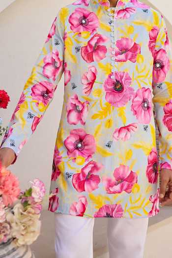 Shop_Chrkha_Blue Satin, Chanderi Silk, Floral Print Kurta Set With Pant For Kids_Online_at_Aza_Fashions