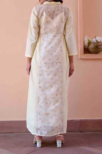 Shop OurDve Yellow Cotton, Chanderi Floral Printed Gathered Dress For Kids at Aza Fashions Shop_OurDve_Yellow Cotton, Chanderi Floral Printed Gathered Dress For Kids_at_Aza_Fashions