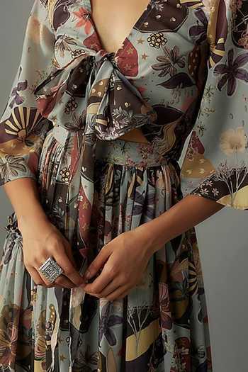Vana Ethnics_Grey Viscose, Linen Botanic Fleur Print Lehenga With Blouse For Kids_Online_at_Aza_Fashions