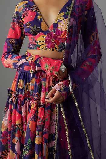 Vana Ethnics_Multi Color Viscose, Linen Sequins Bloom Carnival Print Lehenga Set For Kids_Online_at_Aza_Fashions