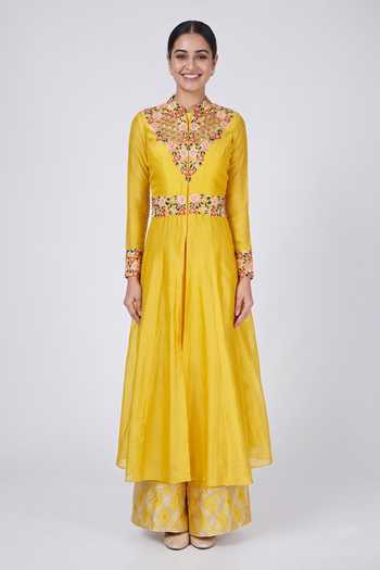 Neha Khullar Yellow Embroidered Jacket & Pant Set 