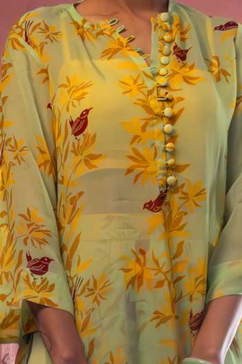 Amrood Green Satin Floral Bird Pattern Kurta For Kids Online at Aza Fashions Amrood_Green Satin Floral Bird Pattern Kurta For Kids_Online_at_Aza_Fashions