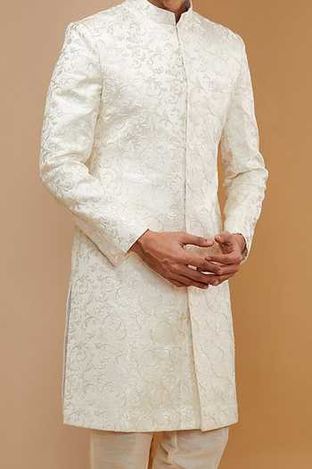 Buy_Rng Safawala_White Silk, Terrycloth, Cotton Zari, Embroidery Achkan Set For Kids_Online_at_Aza_Fashions