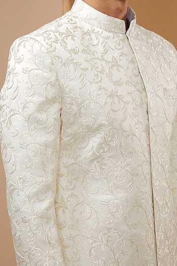 Shop_Rng Safawala_White Silk, Terrycloth, Cotton Zari, Embroidery Achkan Set For Kids_Online_at_Aza_Fashions