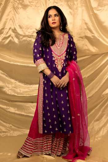 Buy Gopi Vaid Purple Tussar, Shantoon, Organza Embroidery, Zari, Kurta Sharara And Dupatta Set at Aza Fashions Buy_Gopi Vaid_Purple Tussar, Shantoon, Organza Embroidery, Zari, Kurta Sharara And Dupatta Set _at_Aza_Fashions