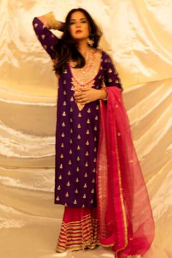 Buy Gopi Vaid Purple Tussar, Shantoon, Organza Embroidery, Zari, Kurta Sharara And Dupatta Set Buy_Gopi Vaid_Purple Tussar, Shantoon, Organza Embroidery, Zari, Kurta Sharara And Dupatta Set