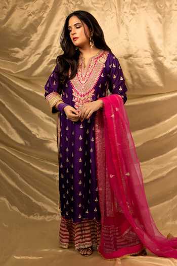 Shop Gopi Vaid Purple Tussar, Shantoon, Organza Embroidery, Zari, Kurta Sharara And Dupatta Set Shop_Gopi Vaid_Purple Tussar, Shantoon, Organza Embroidery, Zari, Kurta Sharara And Dupatta Set