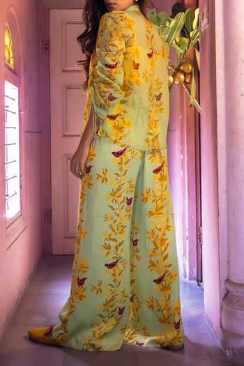 Amrood Floral Bird Print Sheer Shirt For Kids