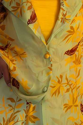 Amrood Green Satin Floral Bird Print Sheer Shirt For Kids Online at Aza Fashions Amrood_Green Satin Floral Bird Print Sheer Shirt For Kids_Online_at_Aza_Fashions