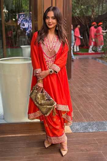 Buy Gopi Vaid Orange Tussar Embroidery, Gota Patti V-neck Kurta And Farshi Salwar Set at Aza Fashions Buy_Gopi Vaid_Orange Tussar Embroidery, Gota Patti V-neck Kurta And Farshi Salwar Set _at_Aza_Fashions