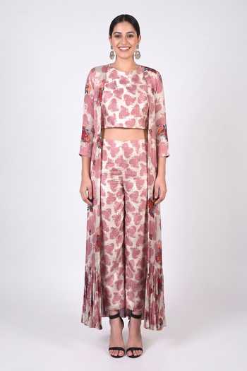 Nautanky Printed crop top with pants & shrug 