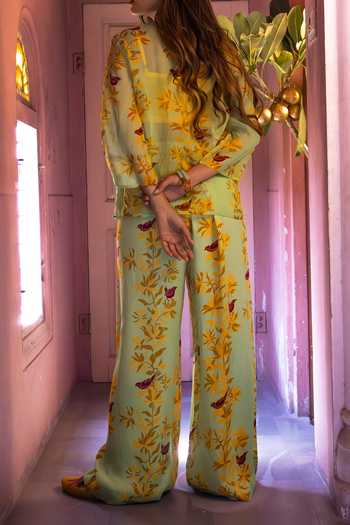 Amrood Green Floral Bird Sheer Tunic For Kids