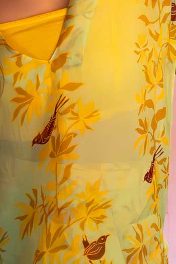 Amrood_Green Silk Floral Bird Sheer Tunic For Kids_Online_at_Aza_Fashions