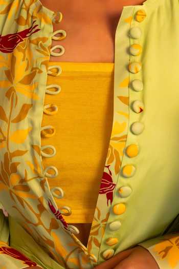 Amrood Green Satin Floral And Bird Pattern Maxi Dress For Kids Online at Aza Fashions Amrood_Green Satin Floral And Bird Pattern Maxi Dress For Kids_Online_at_Aza_Fashions