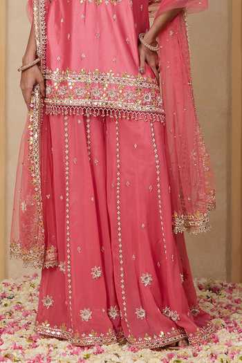 Nitisha Kashyap_Pink Silk, Organza, Georgette Round Neck, Yes Naaz Embroidered Kurta Sharara _Online_at_Aza_Fashions