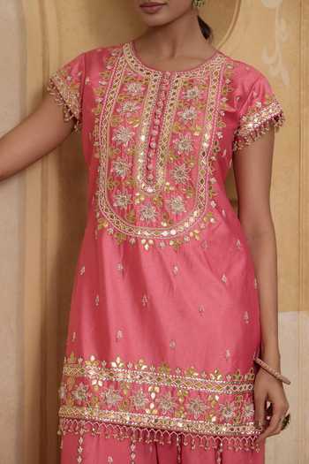 Buy_Nitisha Kashyap_Pink Silk, Organza, Georgette Round Neck, Yes Naaz Embroidered Kurta Sharara _Online_at_Aza_Fashions