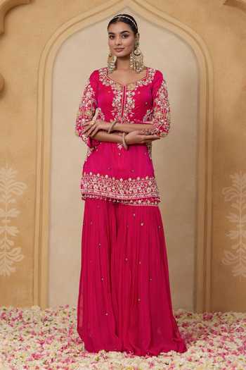Nitisha Kashyap_Pink Silk, Organza, Georgette V-neck, Vaani Hand Embroidered Kurta Sharara Set _Online_at_Aza_Fashions