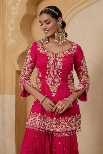 Buy_Nitisha Kashyap_Pink Silk, Organza, Georgette V-neck, Vaani Hand Embroidered Kurta Sharara Set _Online_at_Aza_Fashions