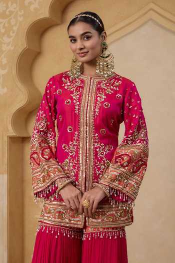 Shop_Nitisha Kashyap_Pink Silk, Organza, Georgette Round Neck Sitara Embroidered Kurta With Sharara _Online_at_Aza_Fashions