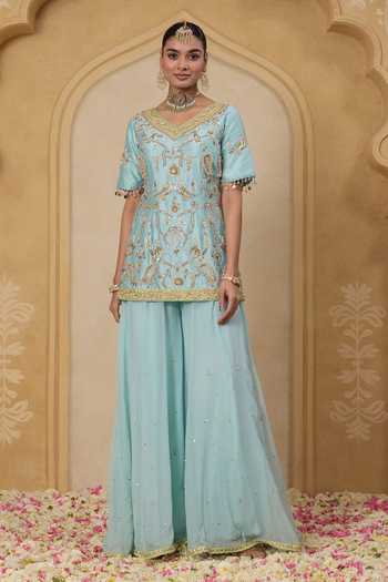 Buy_Nitisha Kashyap_Aqua Silk, Georgette, Net V-neck, Yes Reet Embroidered Kurta Set _Online_at_Aza_Fashions