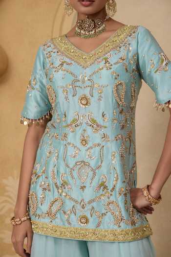 Shop_Nitisha Kashyap_Aqua Silk, Georgette, Net V-neck, Yes Reet Embroidered Kurta Set _Online_at_Aza_Fashions